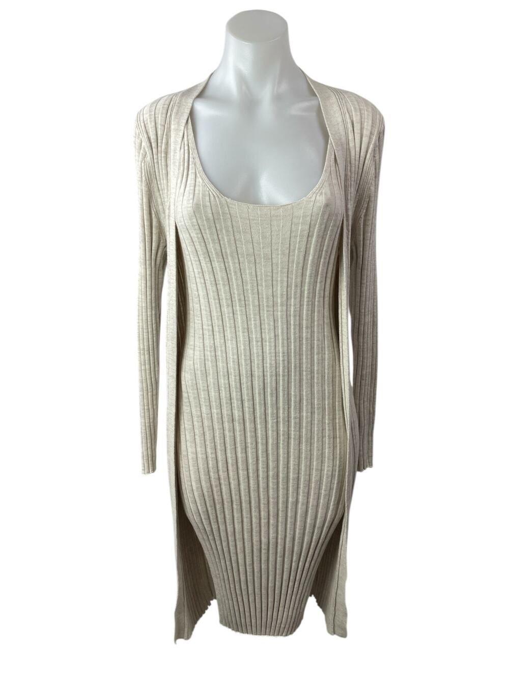 Peruvian Connection Beige Ribbed Midi Bodycon Long Cardigan & Tank Dress Set M